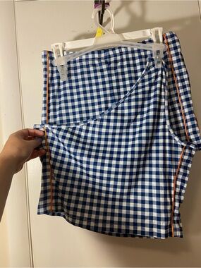 SHEIN Blue and White Gingham Athletic Shorts with Orange Piping